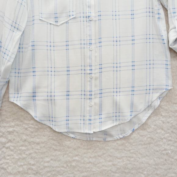 Blouse Size M Blue Plaid Office Siren Capsule Wardrobe Minimalist Long Sleeve - Picture 4 of 16